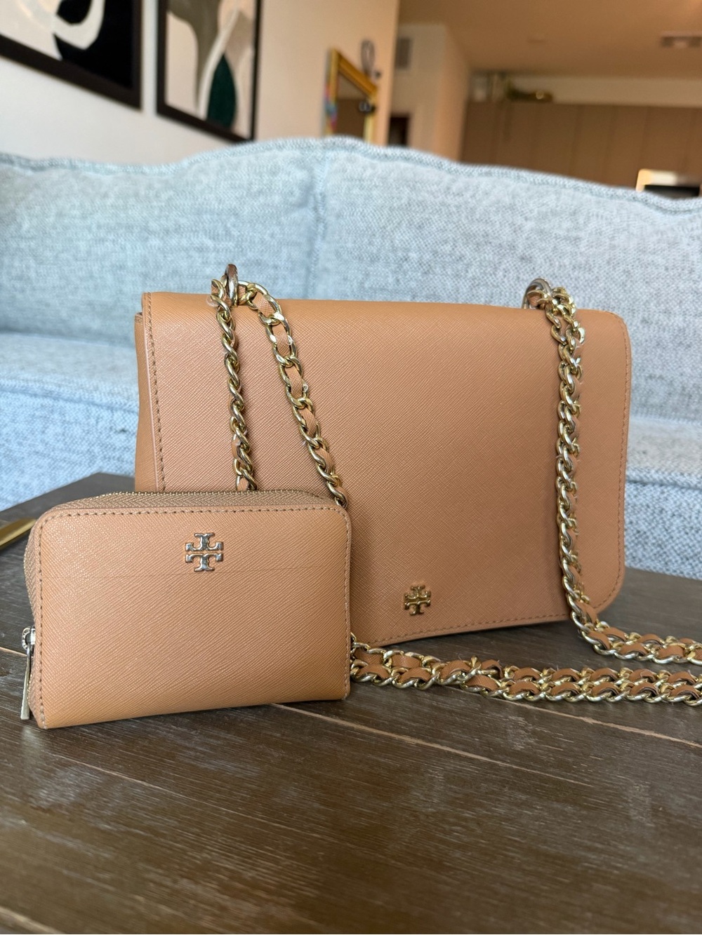 Tory Burch Camel/Tan Chain Crossbody with Matching Wallet